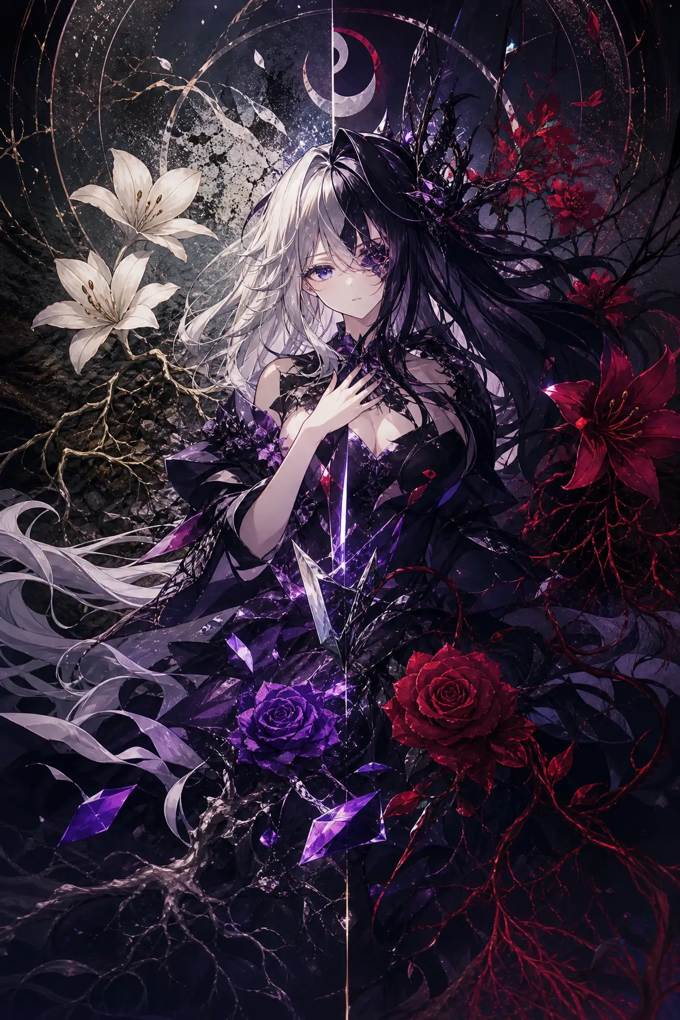 Mujer de anime de fantasía oscura con moda ceremonial - ilustración