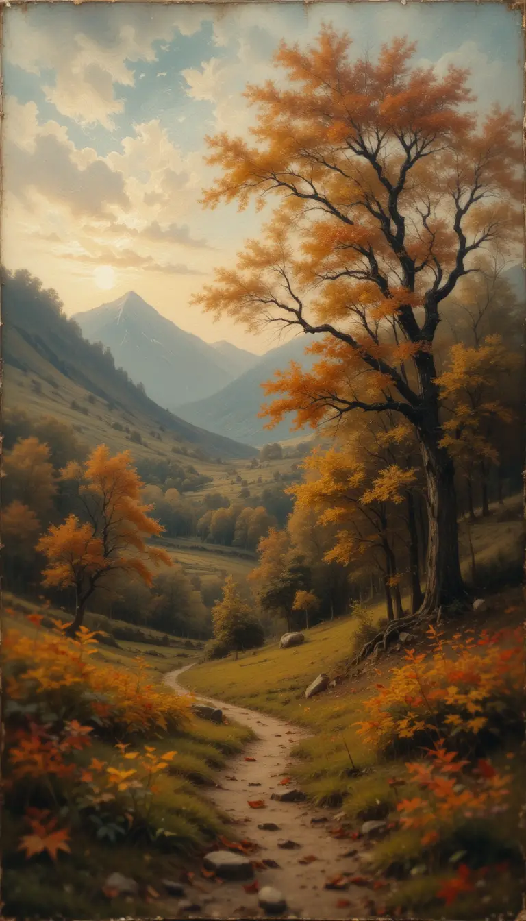 Antique rustic oil painting of a blurred fall landscape