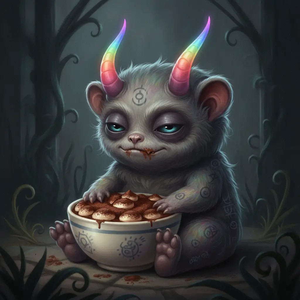 Minuscola creatura fantasy che protegge una ciotola di tiramisù