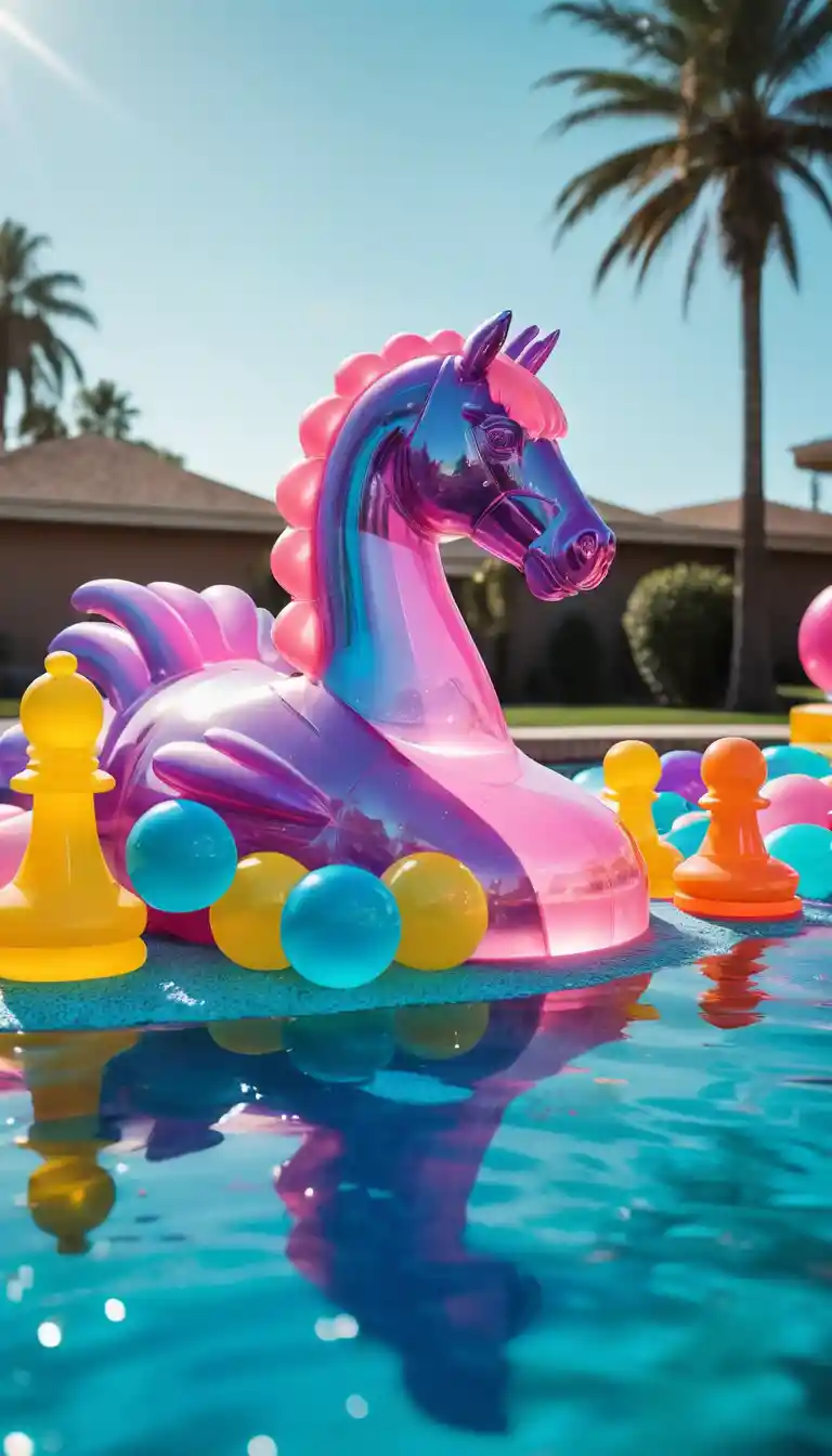 Set di scacchi in gelatina colorata che galleggia in una piscina estiva