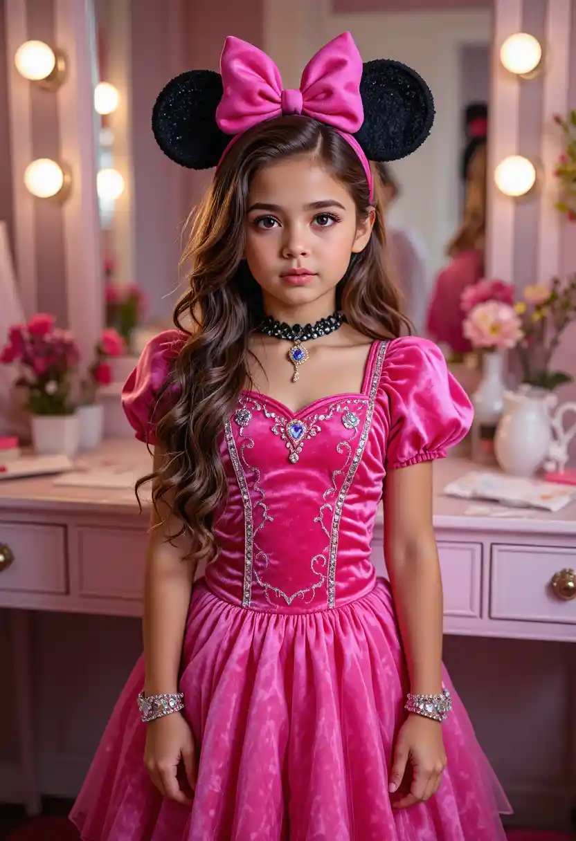 Ragazzo preadolescente in costume da principessa davanti al tavolo da toeletta in camera