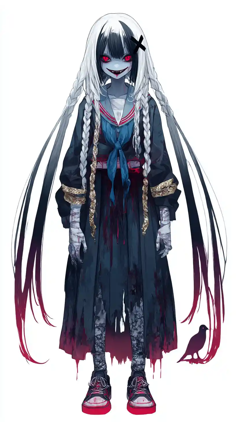 Chica de anime fantasmal con trenzas y atuendo manchado