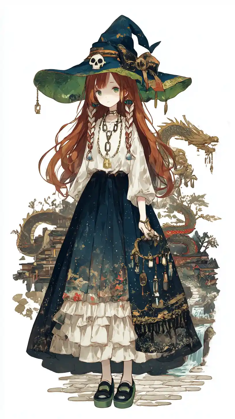 Anime witch girl in ruffled skirt with skull necklace