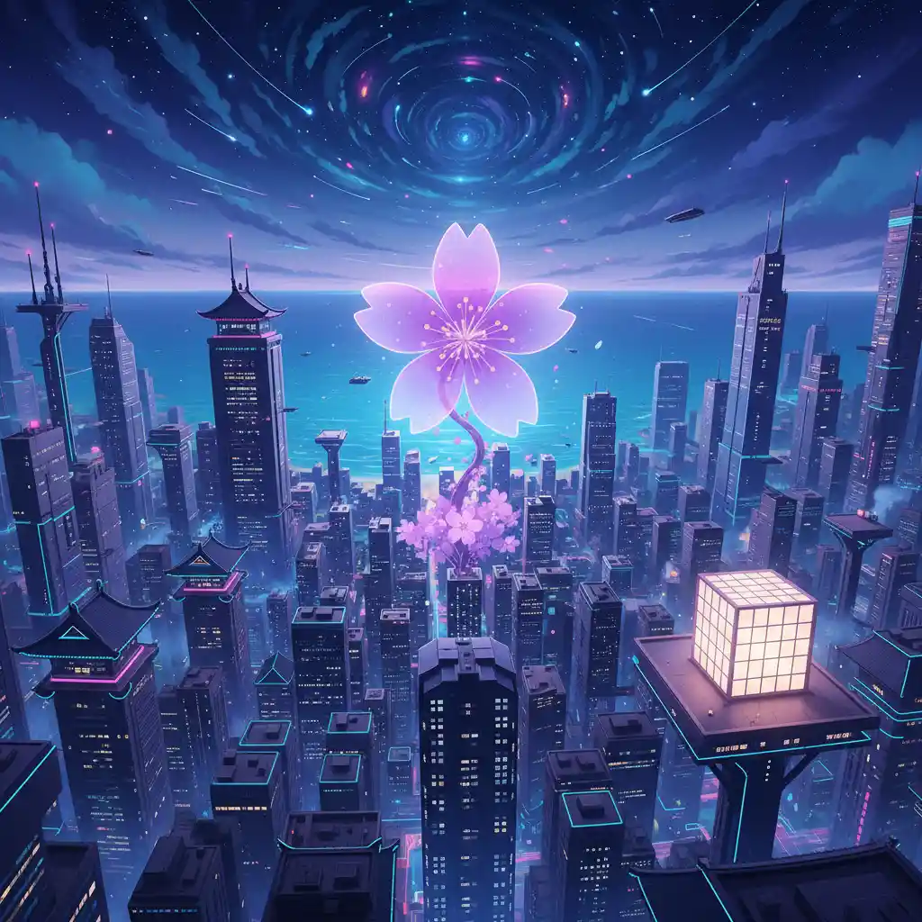 Paesaggio urbano al neon surreale con un unico fiore viola in fiore