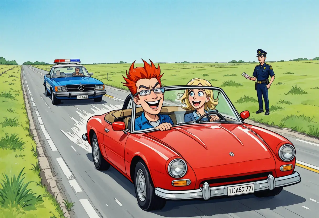 Conversível vermelho em desenho animado correndo por uma estrada ensolarada