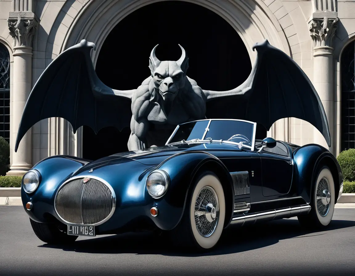 Mascotte gargoyle in granito stoica con auto sportiva gotica