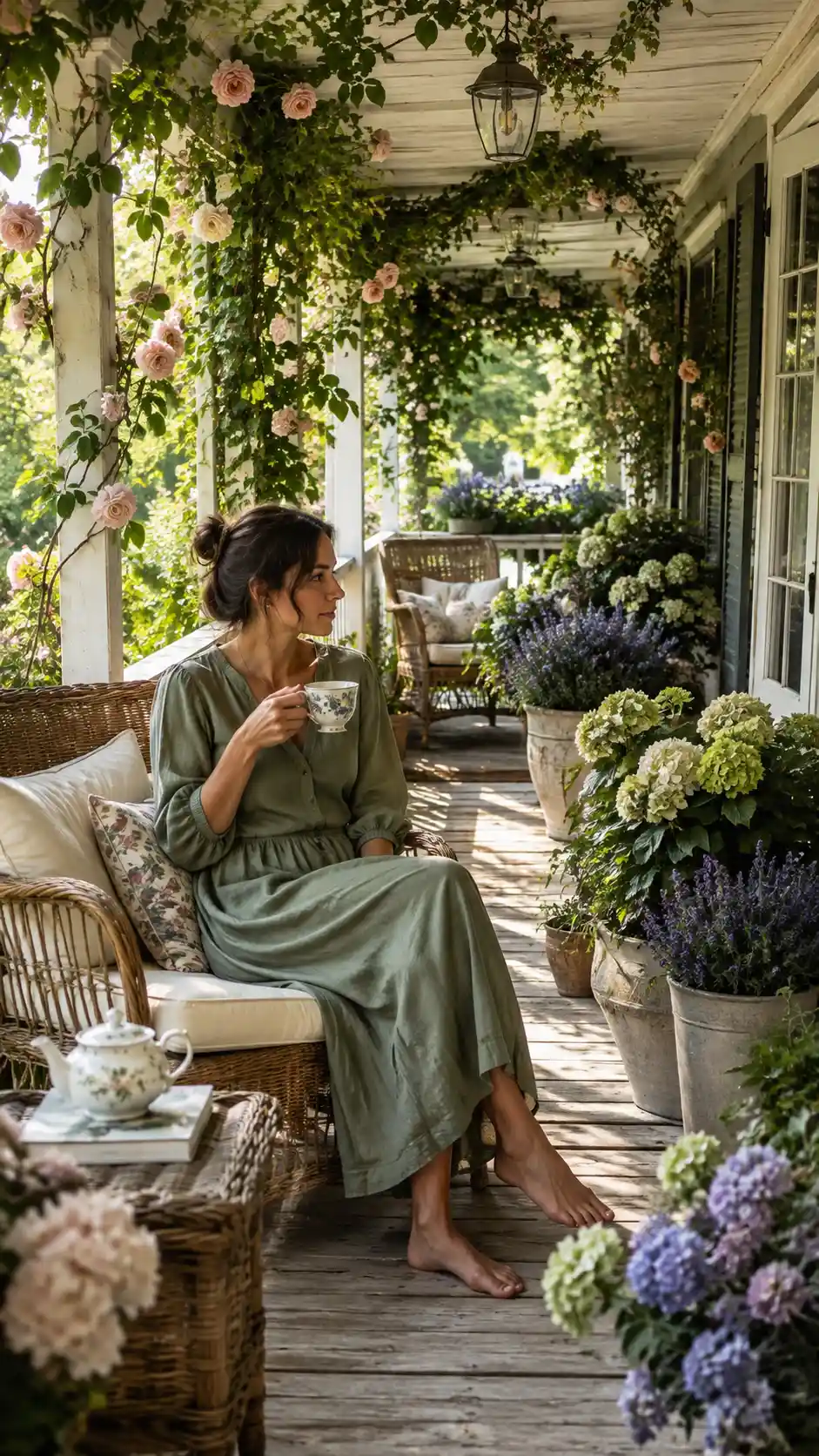 Mujer bebiendo té en una veranda envolvente llena de flores