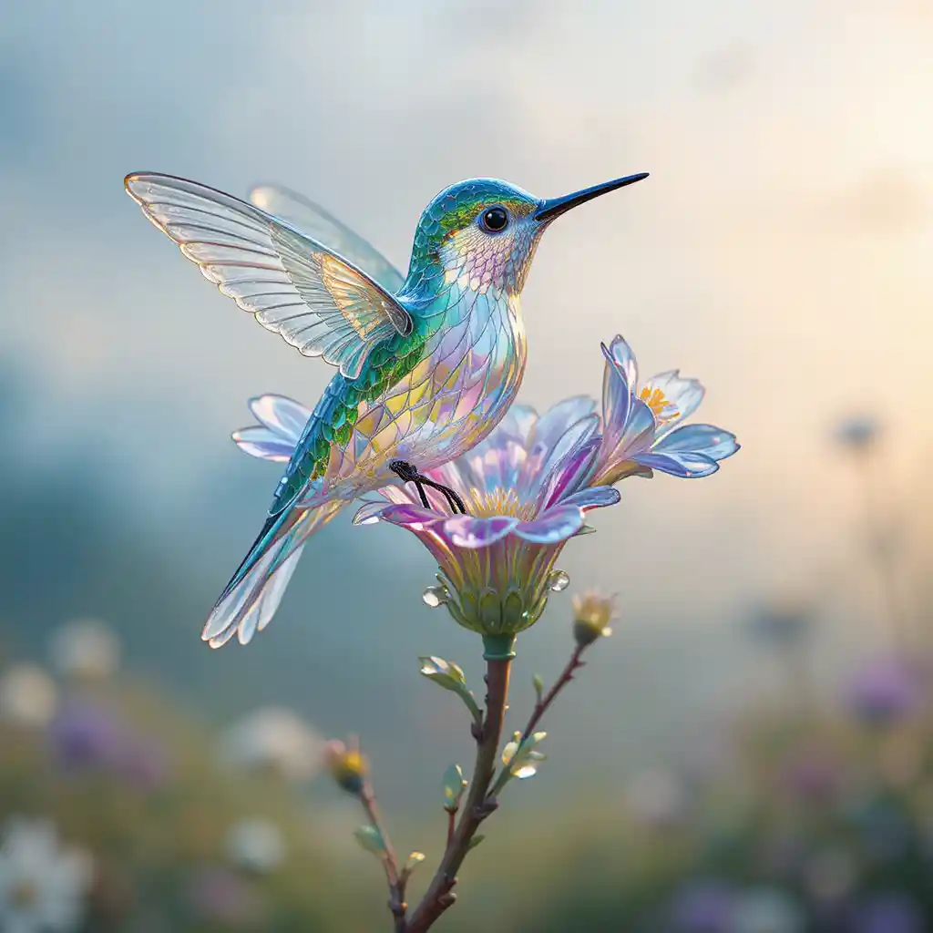 Glass flower with tiny hummingbird in soft pastel landscape