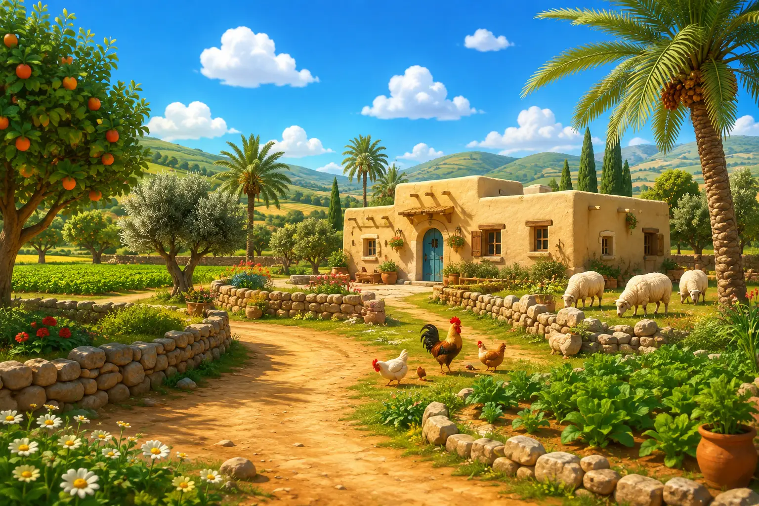 Colorato villaggio rurale 3D con campi e animali da fattoria