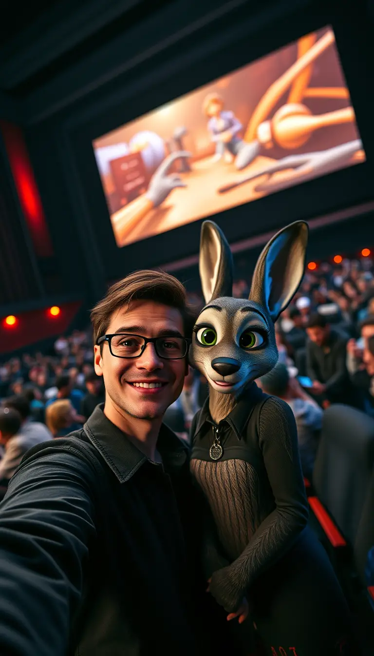 Frau macht Selfie mit Hasenfigur im dunklen Kino