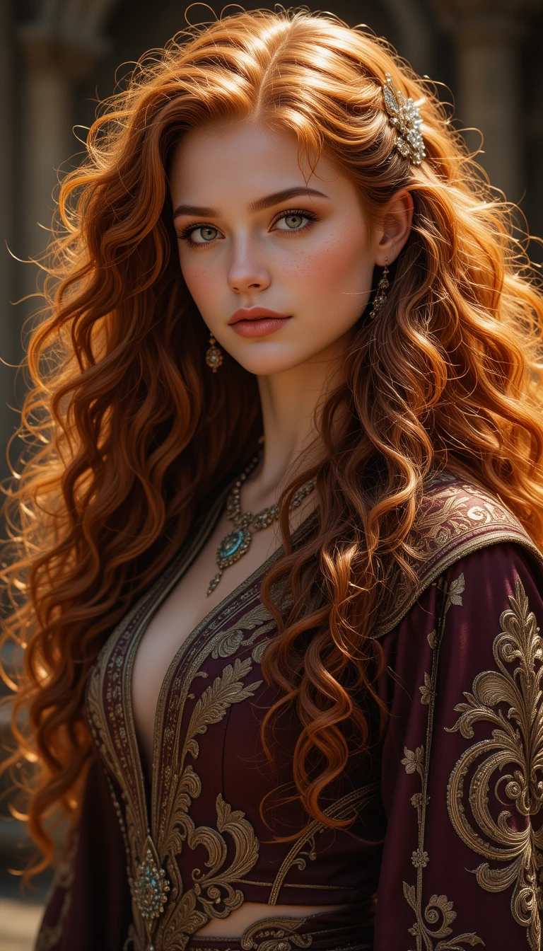Beautiful red haired wizard woman in ornate arcane robes