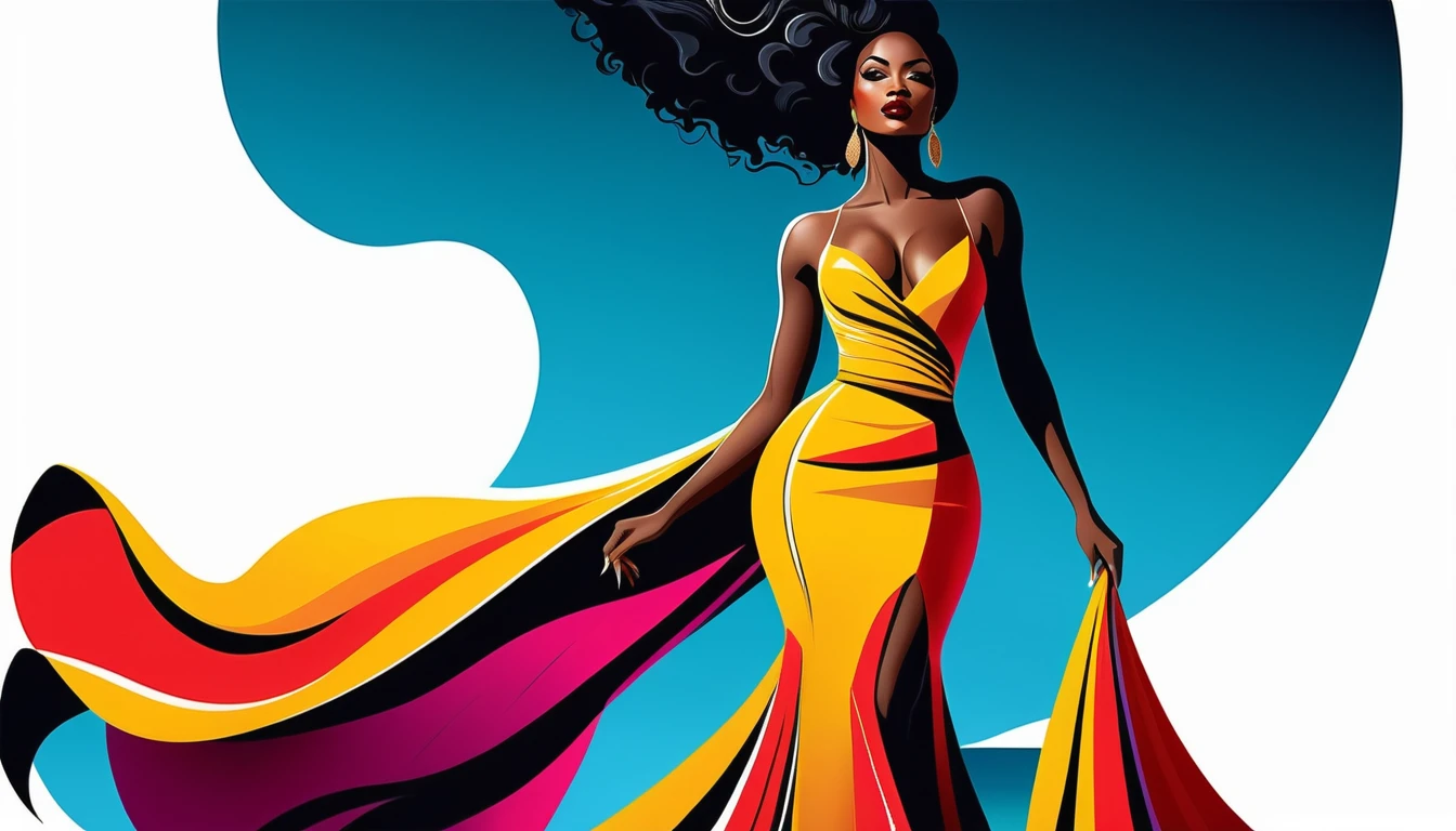 Ilustración surrealista de una elegante mujer afroamericana con vestido