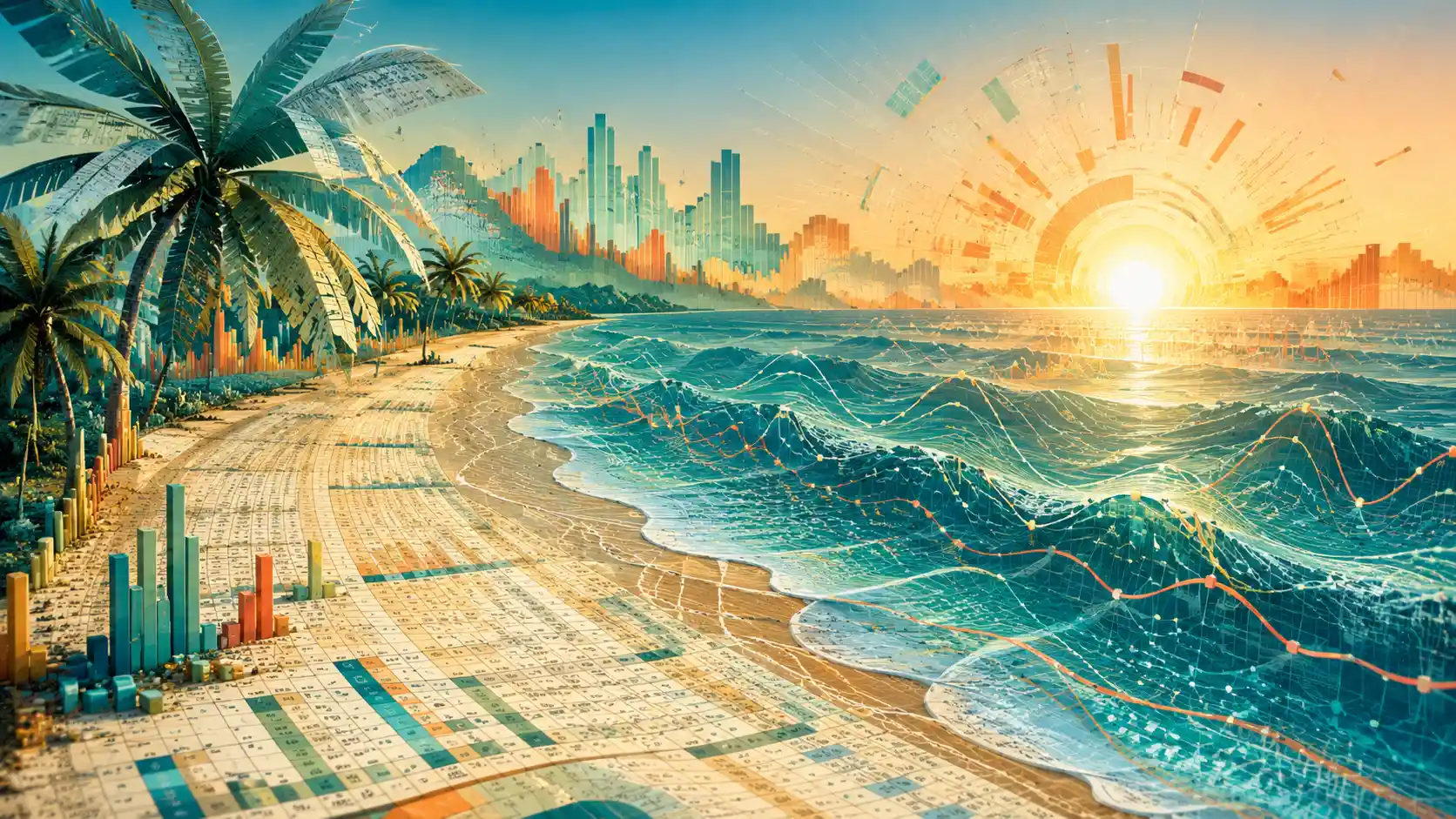 Cinematic beach horizon built from abstract data visuals