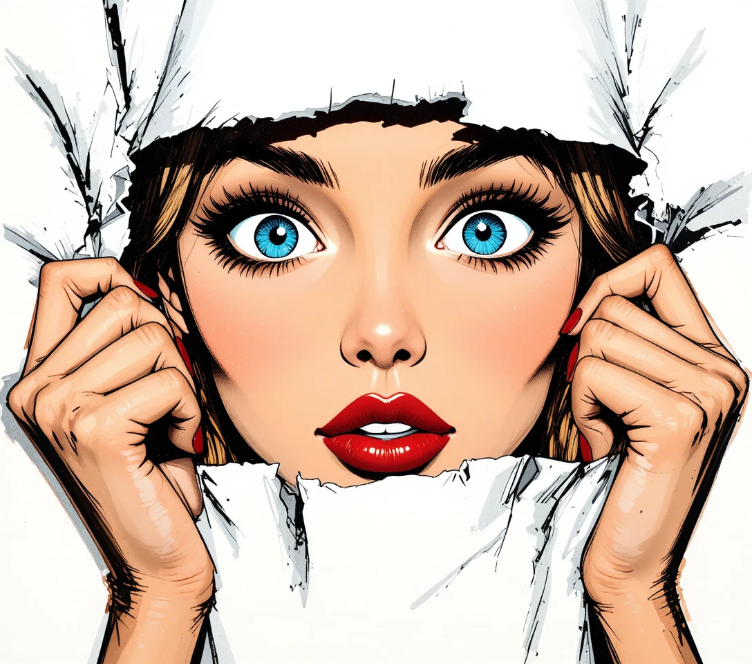 Curious blonde girl peeking through torn white paper