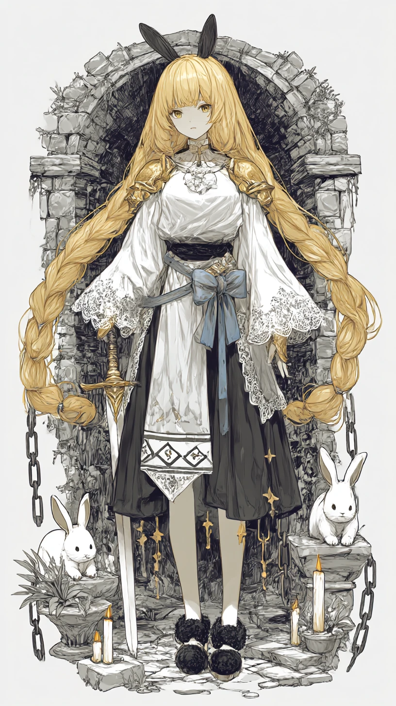 Guerrera de anime de cabello dorado con trenza y espada