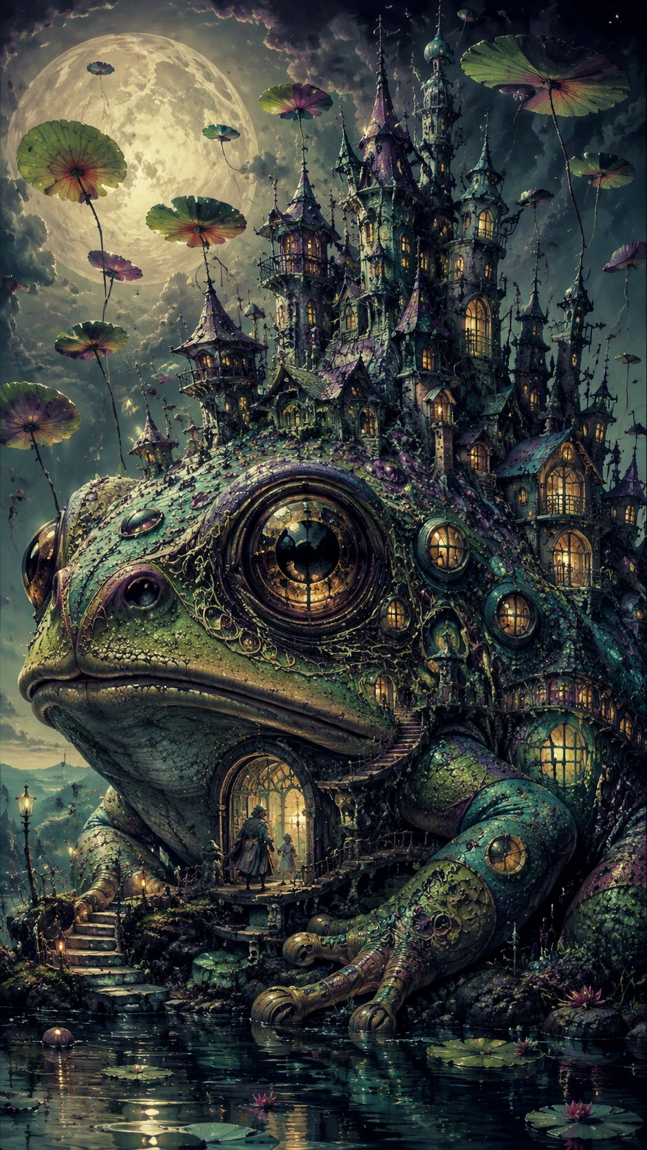 Gigantesque château-frogue fantastique au bord d’un étang au clair de lune