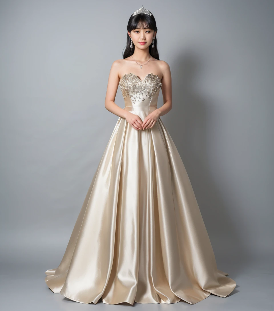Elegante junge Frau in hellgoldener Satin-Ballrobe