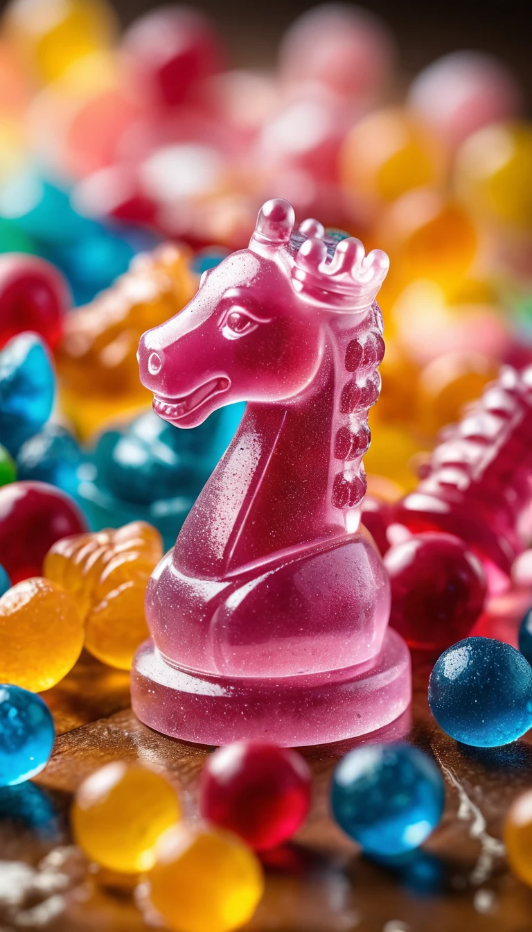 Süßigkeiten-Schachfiguren auf Waffelbrett in Makroansicht