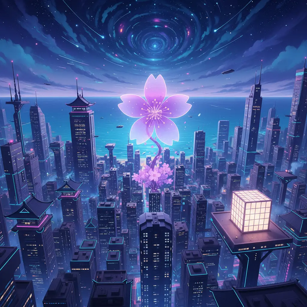 Paesaggio urbano al neon surreale con un unico fiore viola in fiore