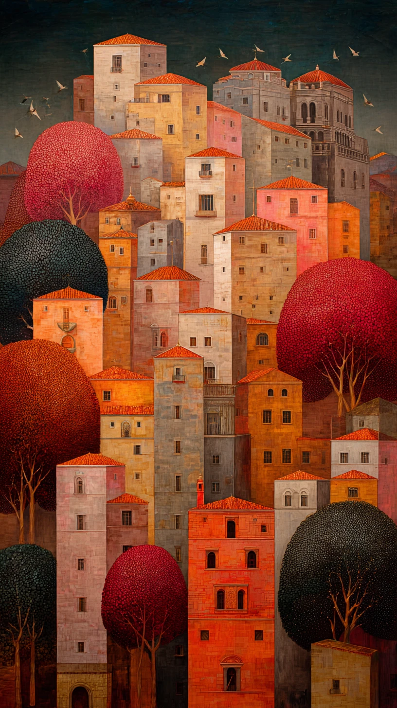Ciudad surrealista de lana en forma de corazón pintada en tonos cálidos y vivos