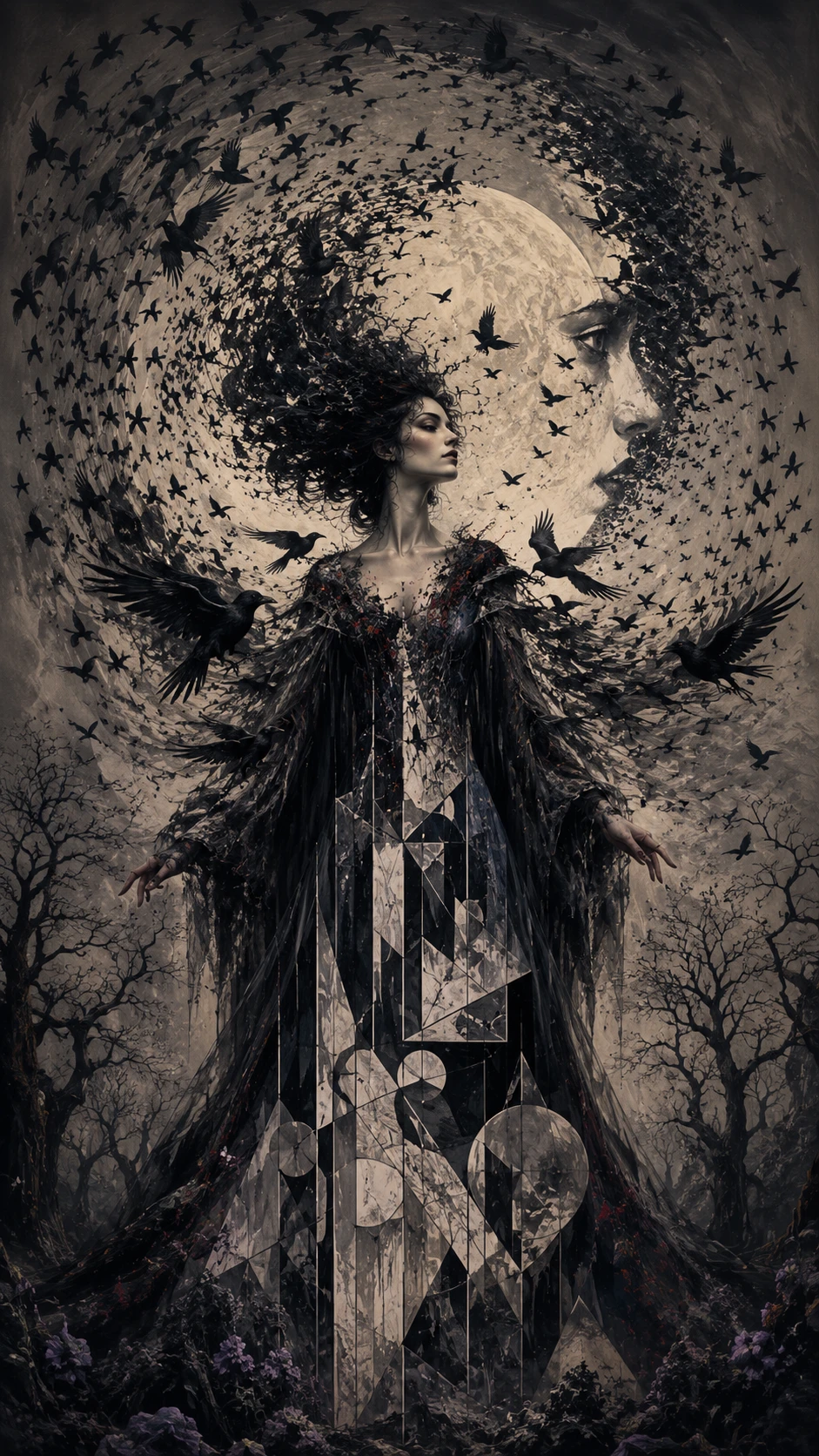 Mysterious woman of ravens in a moonlit surreal landscape