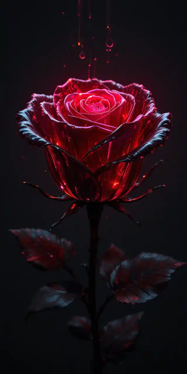 Rosa nera luminosa con luce rossa su sfondo scuro