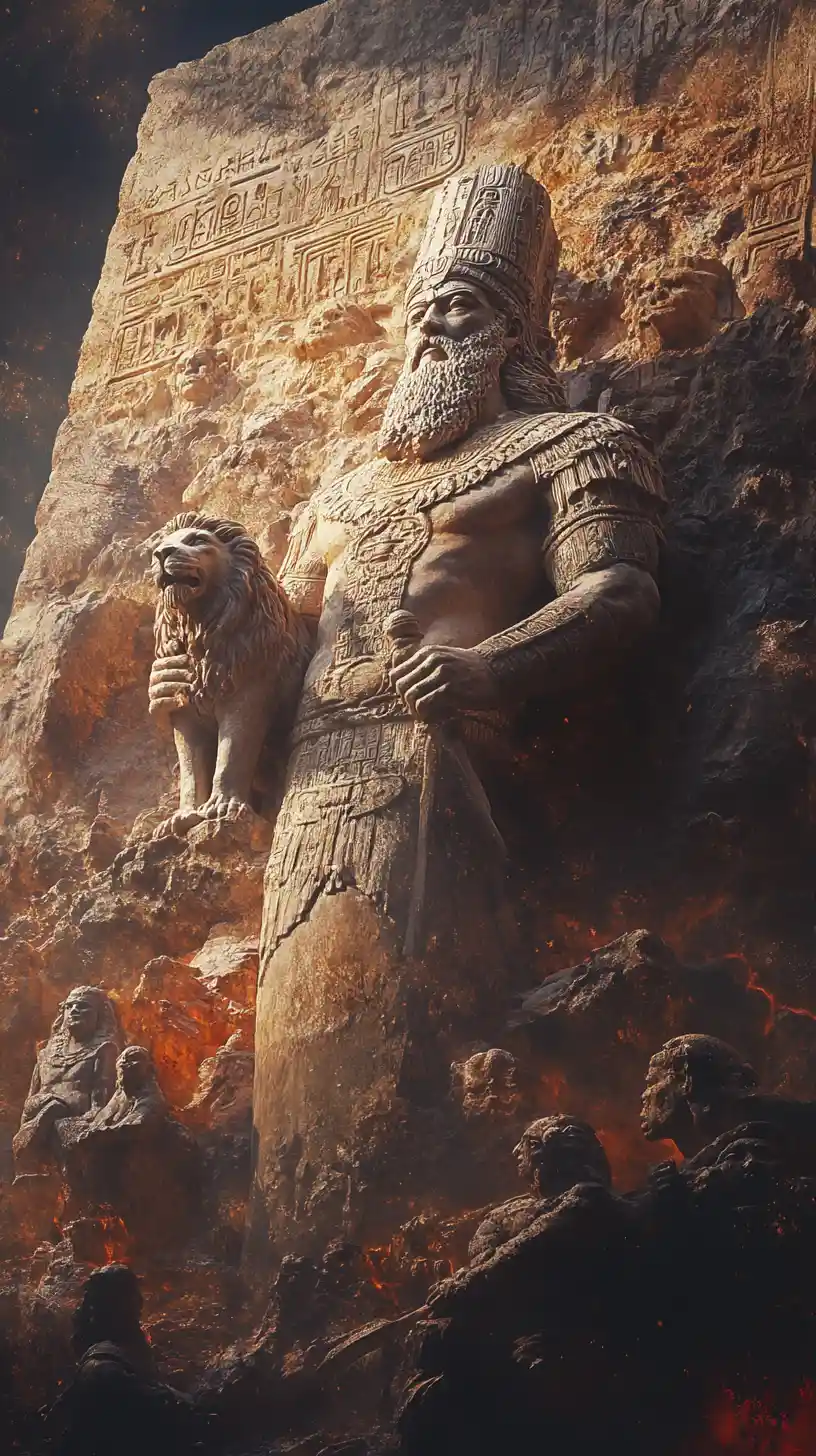 Re mitologico che tiene in braccio un cucciolo di leone in scena dallo stile antico