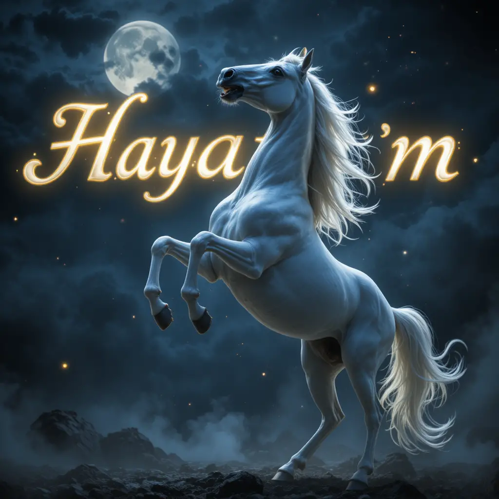 Cavallo bianco impennato al chiaro di luna con tipografia “Hayatım”