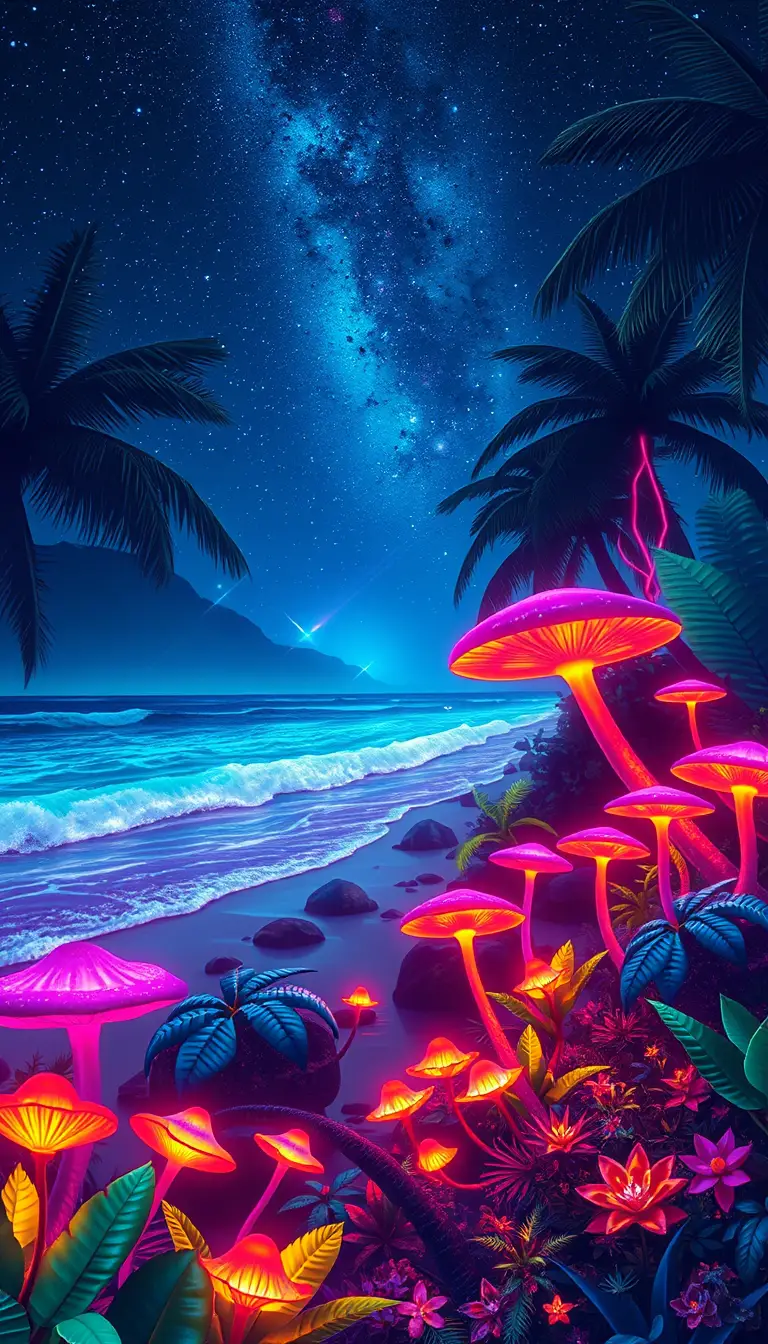 Giungla Fantastica al Neon su una Spiaggia Tropicale di Notte