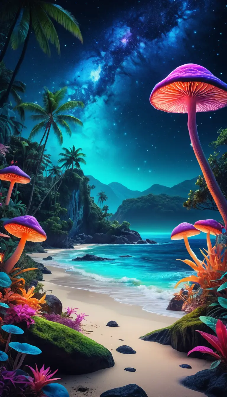 Magica Giungla al Neon su una Spiaggia Tropicale di Notte