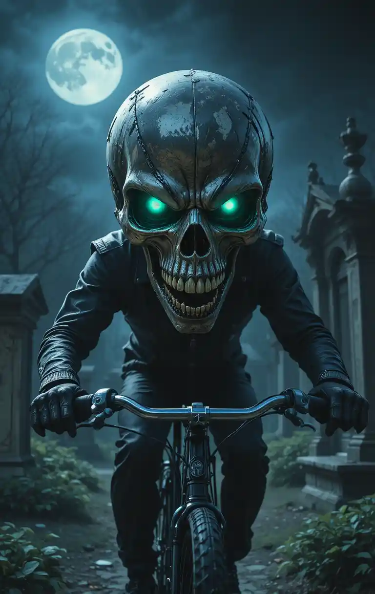 Ciclista teschio minaccioso che attraversa in bici un cimitero al chiaro di luna