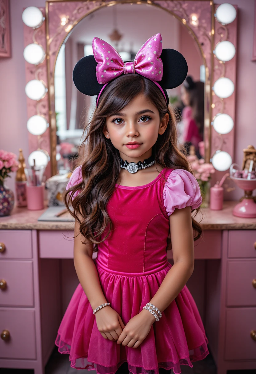 Hispanischer Junge im Tween-Alter im Minnie-Prinzessinnenkostüm vor dem Schminktisch