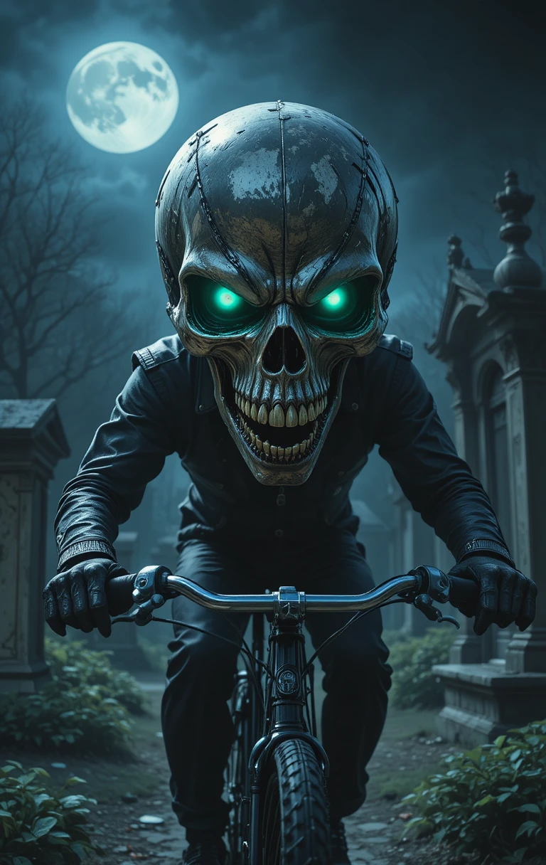 Jinete calavera amenazante pedaleando por un cementerio a la luz de la luna