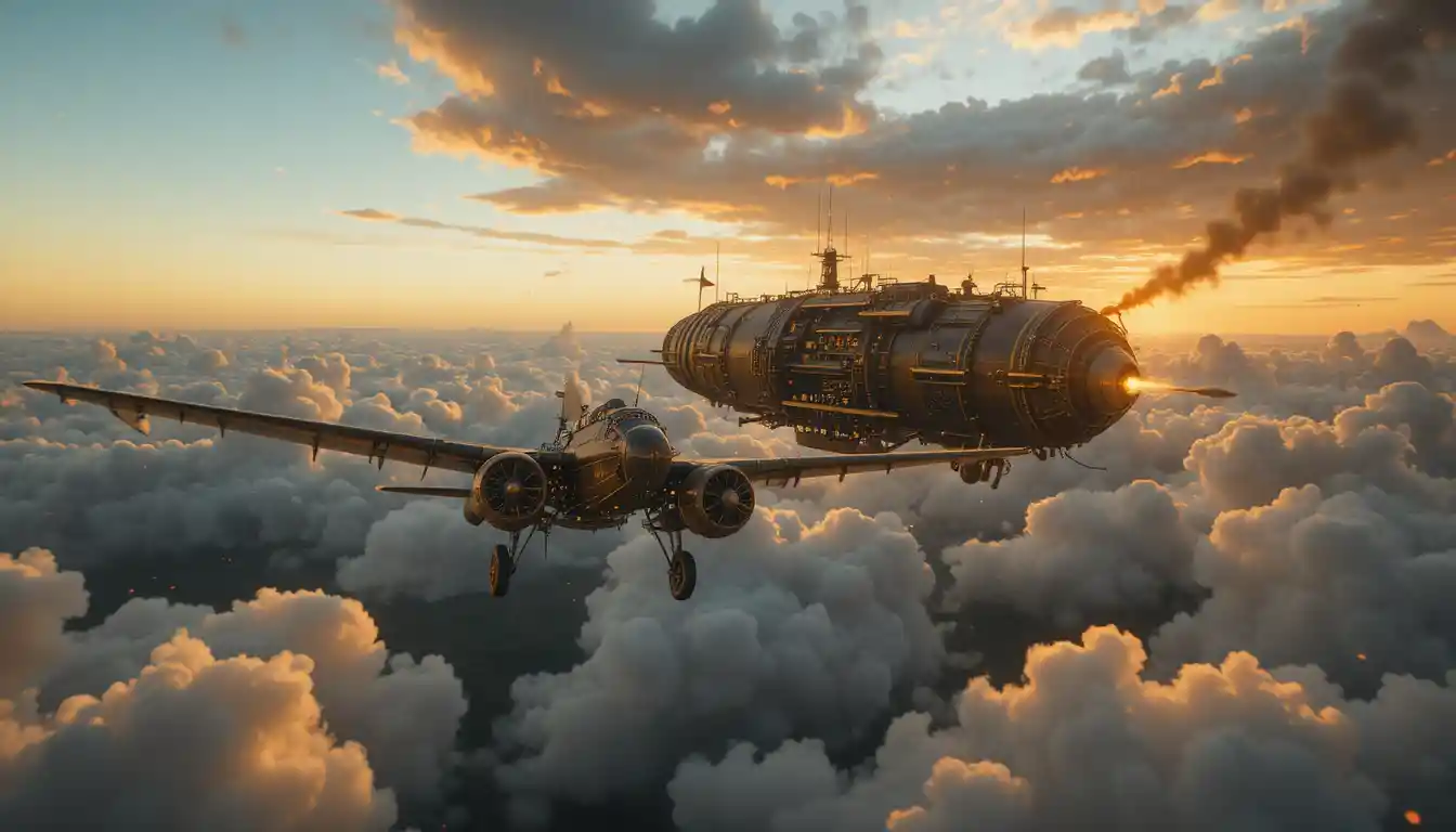 Inseguimento di aeronavi steampunk sopra un mare di nuvole dorato al tramonto