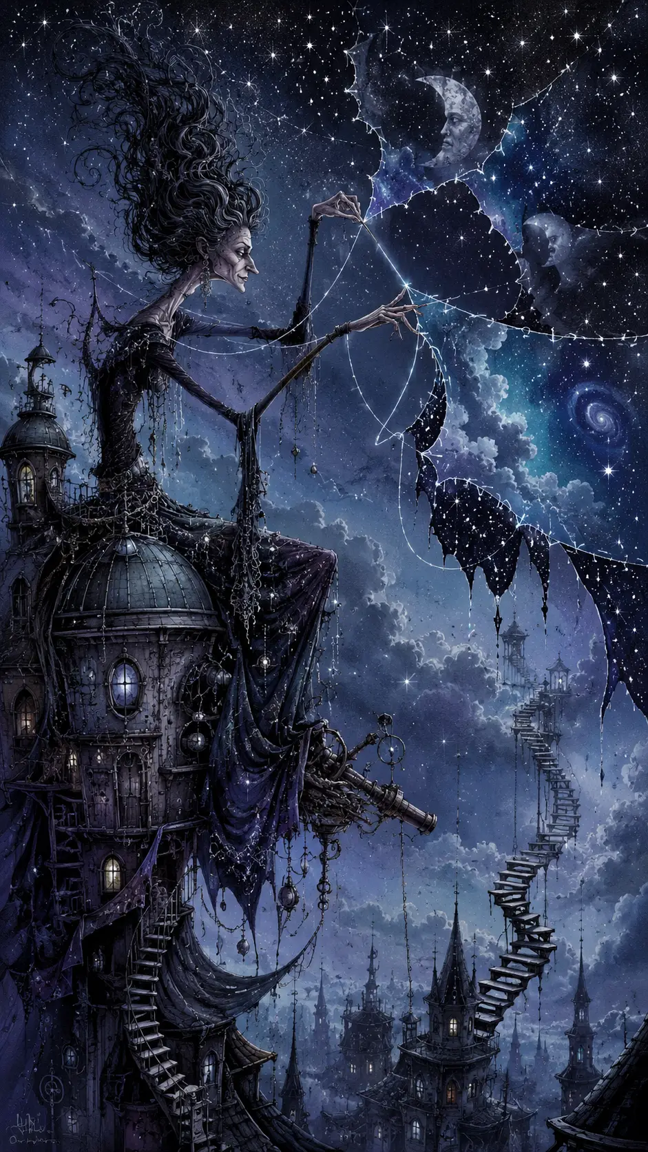 Strega eccentrica che cuce il cielo notturno sopra una torre storta