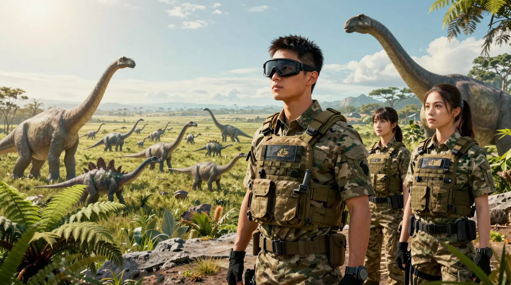 Soldati cinematografici che osservano una mandria di dinosauri nella valle
