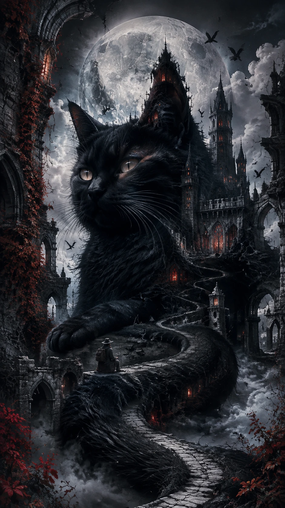 Gato Negro Fusionado con Castillo Gótico a la Luz de la Luna