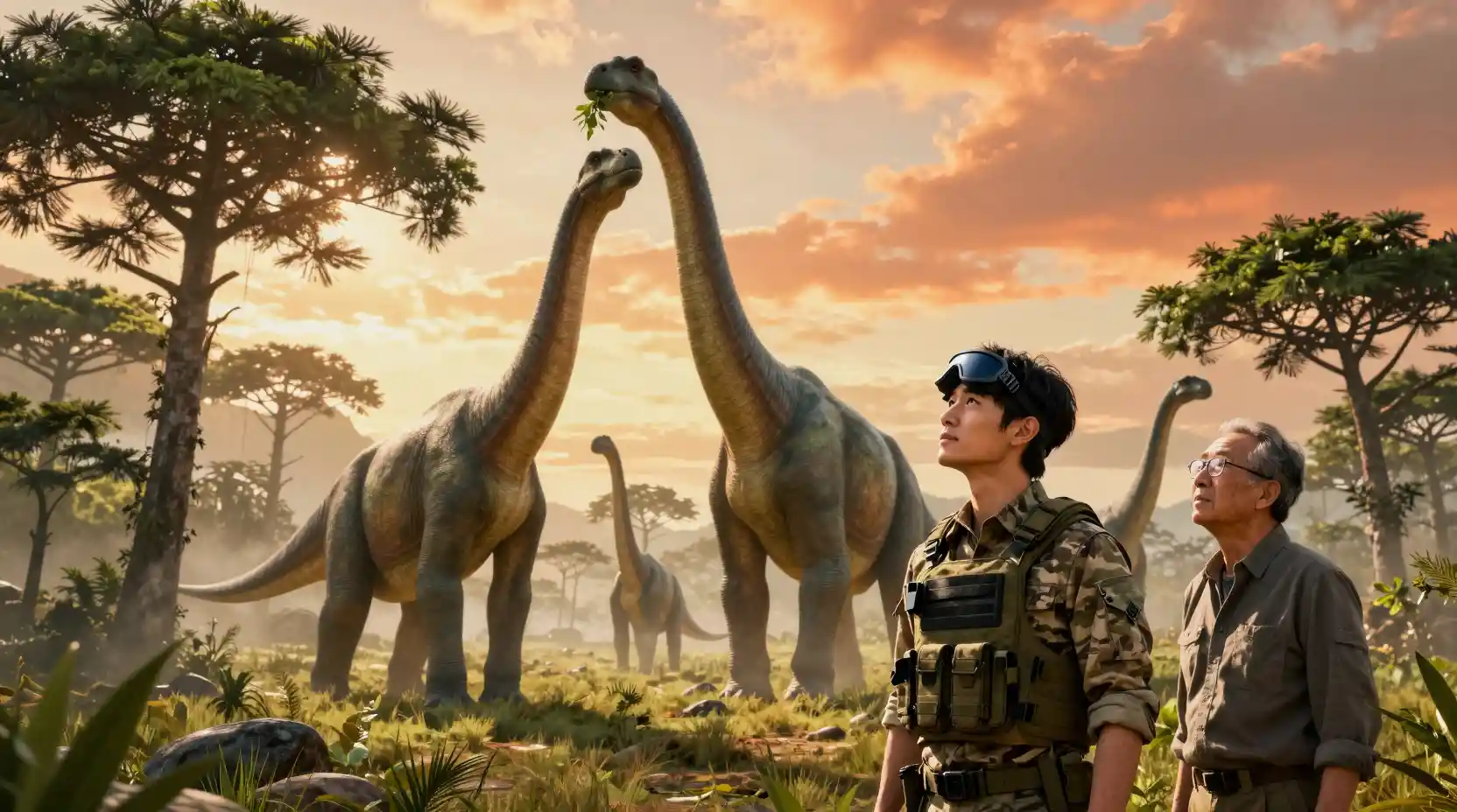 Dinosauri Brachiosaurus che svettano sugli esseri umani all’ora d’oro