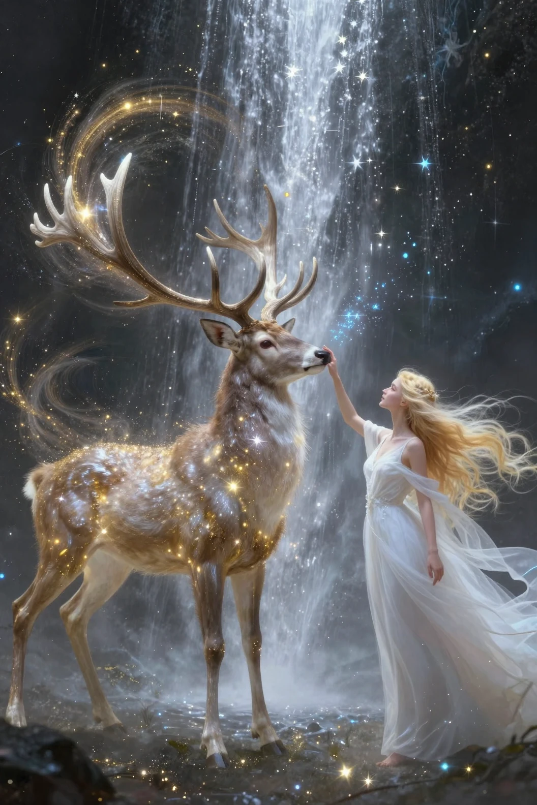 Cervo celestiale di luce stellare e donna eterea