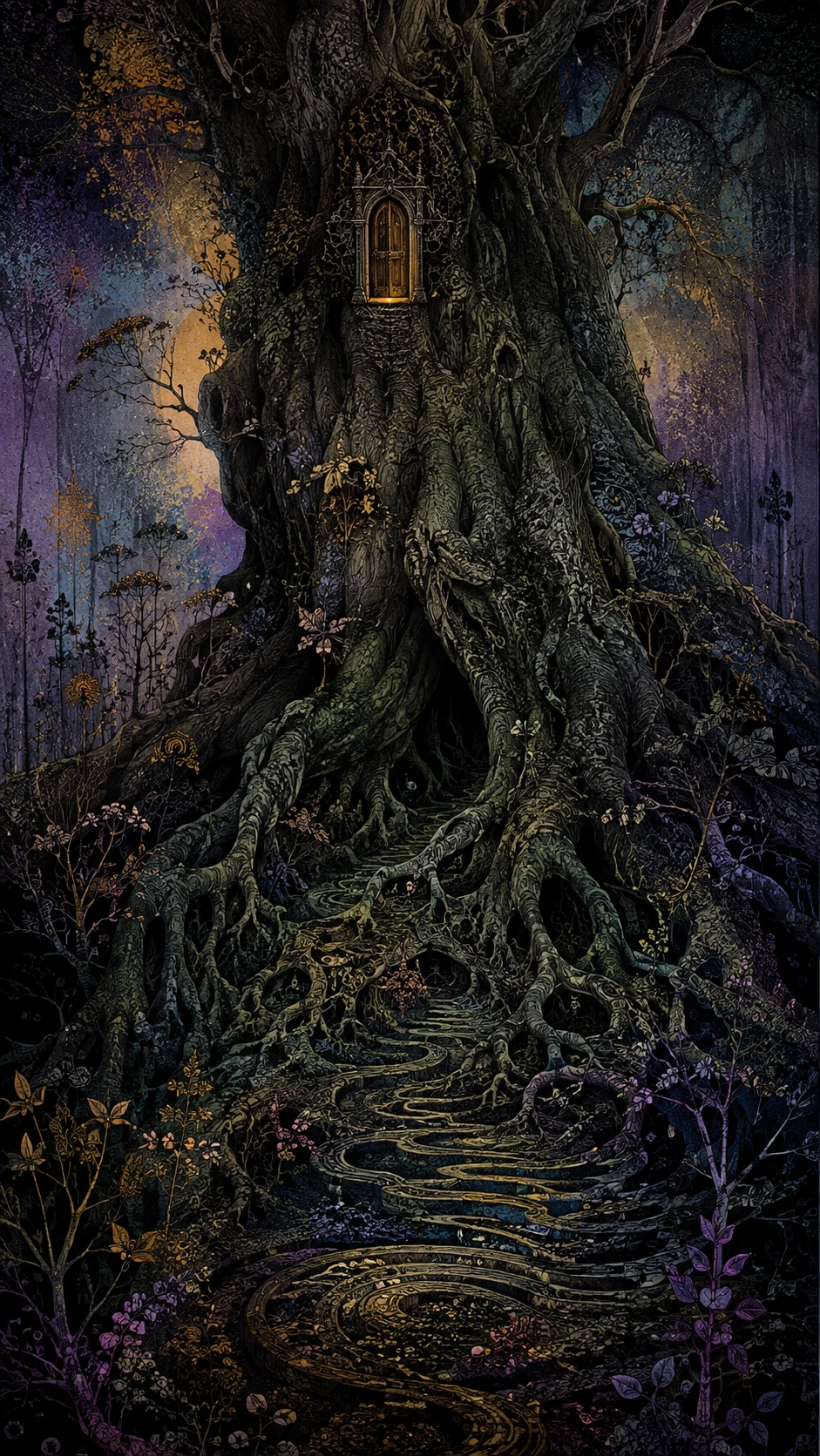 Antico albero gigante con minuscola porta luminosa nel tronco