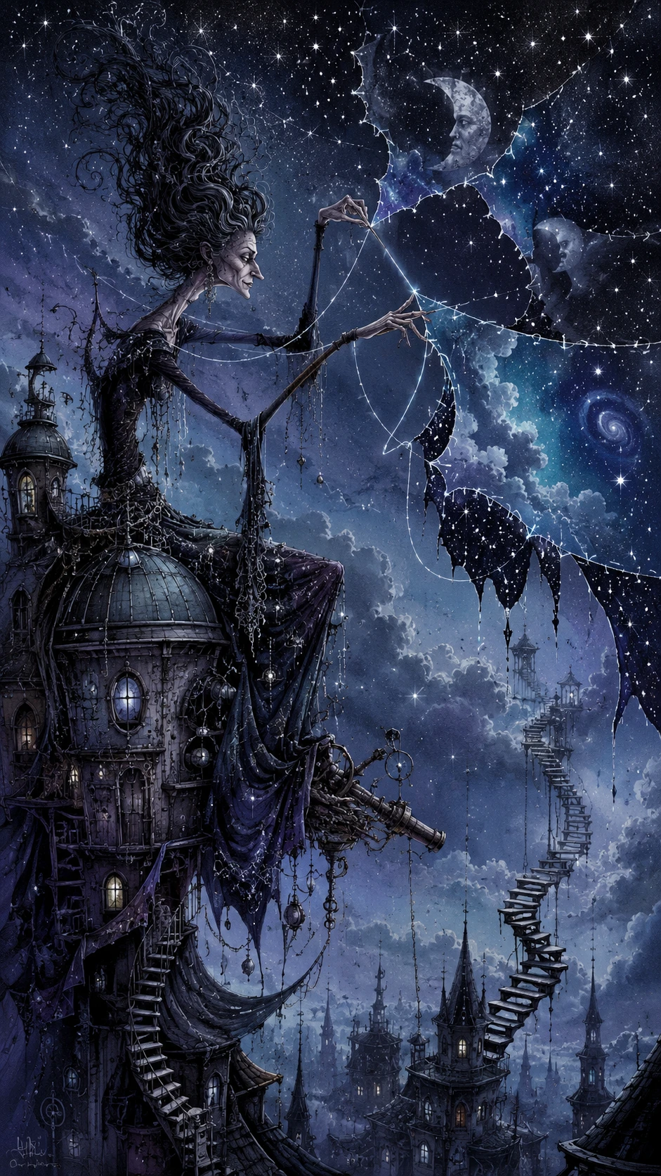 Eccentric Witch Sewing The Night Sky Above A Crooked Tower