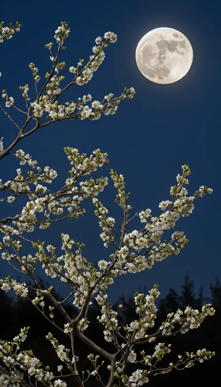 Fleurs de prunier bleues brillant sous une grande pleine lune