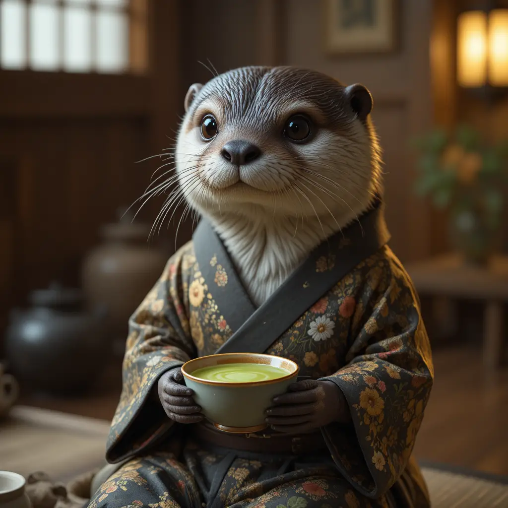 Lontra in kimono che gusta il matcha in una sala da tè giapponese
