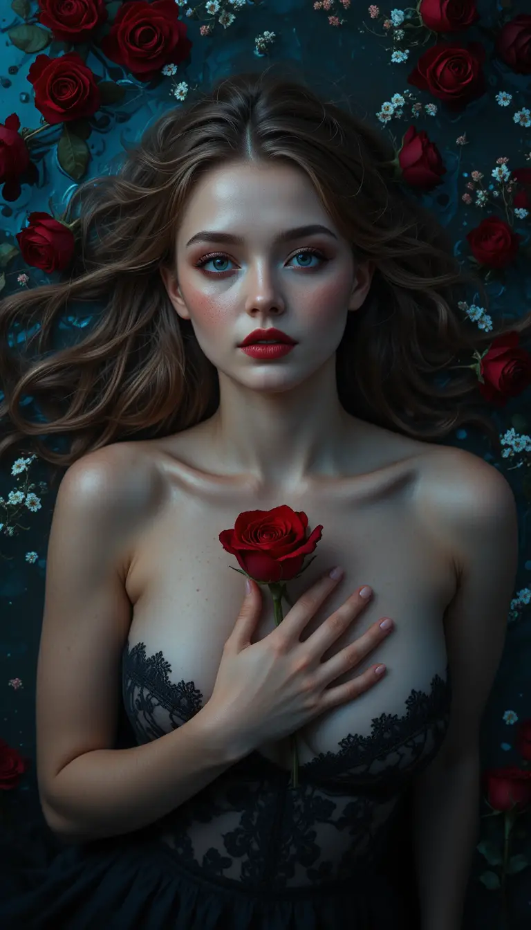 Donna che galleggia in acqua scura stringendo una sola rosa rossa
