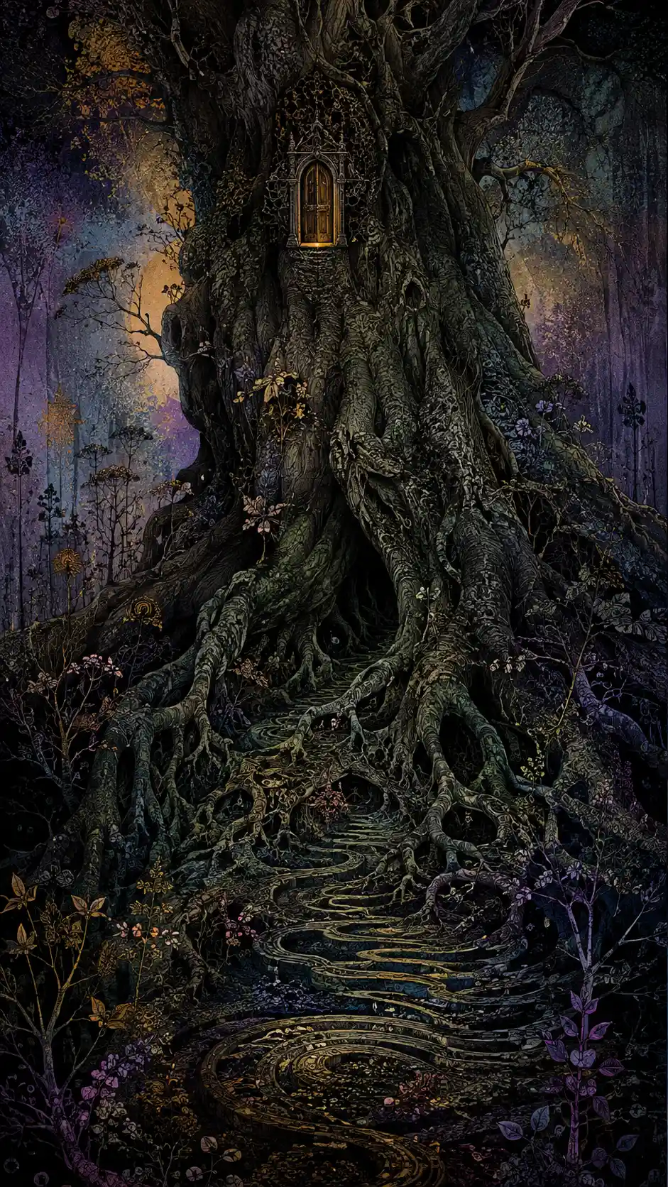 Antico albero gigante con minuscola porta luminosa nel tronco