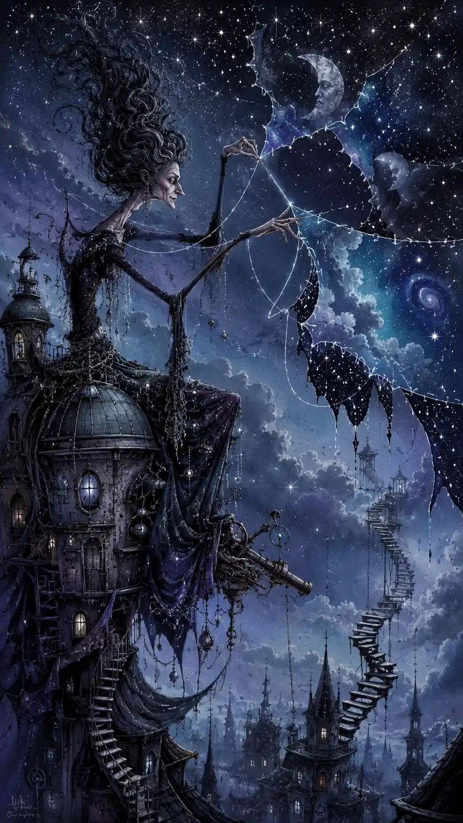 Eccentric Witch Sewing The Night Sky Above A Crooked Tower