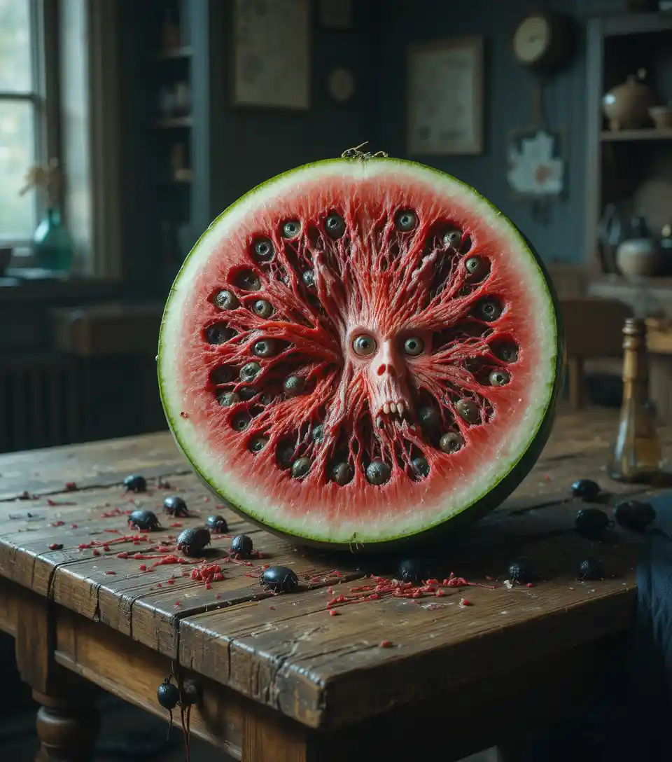 Groteskes Wassermelonen-Stillleben mit Augen und Zähnen auf dem Tisch