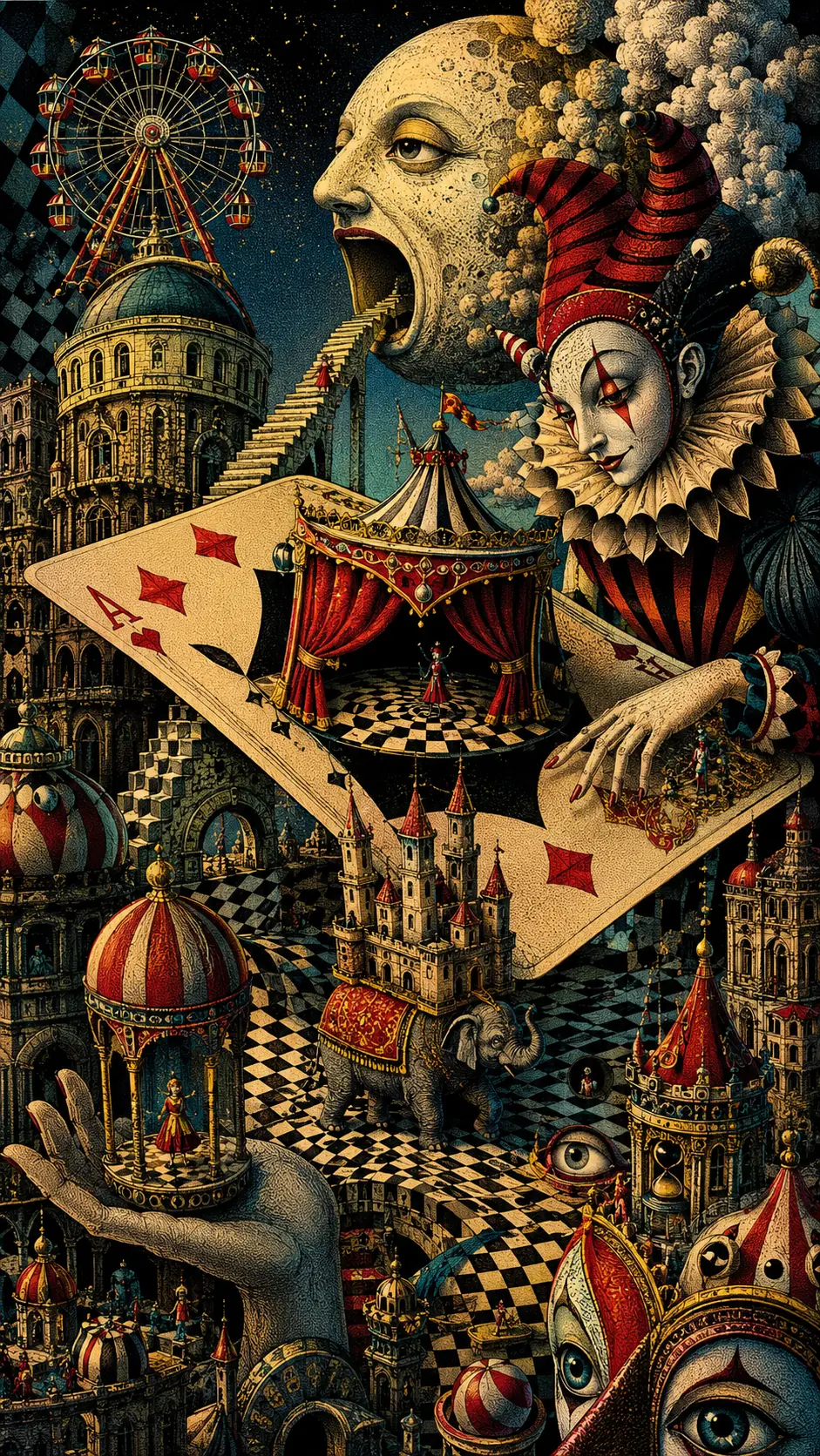 Piccola ruota panoramica sopra surreali edifici da luna park