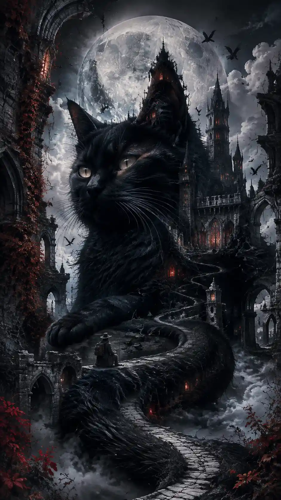 Gatto Nero che si Fon­de con Castello Gotico al Chiaro di Luna