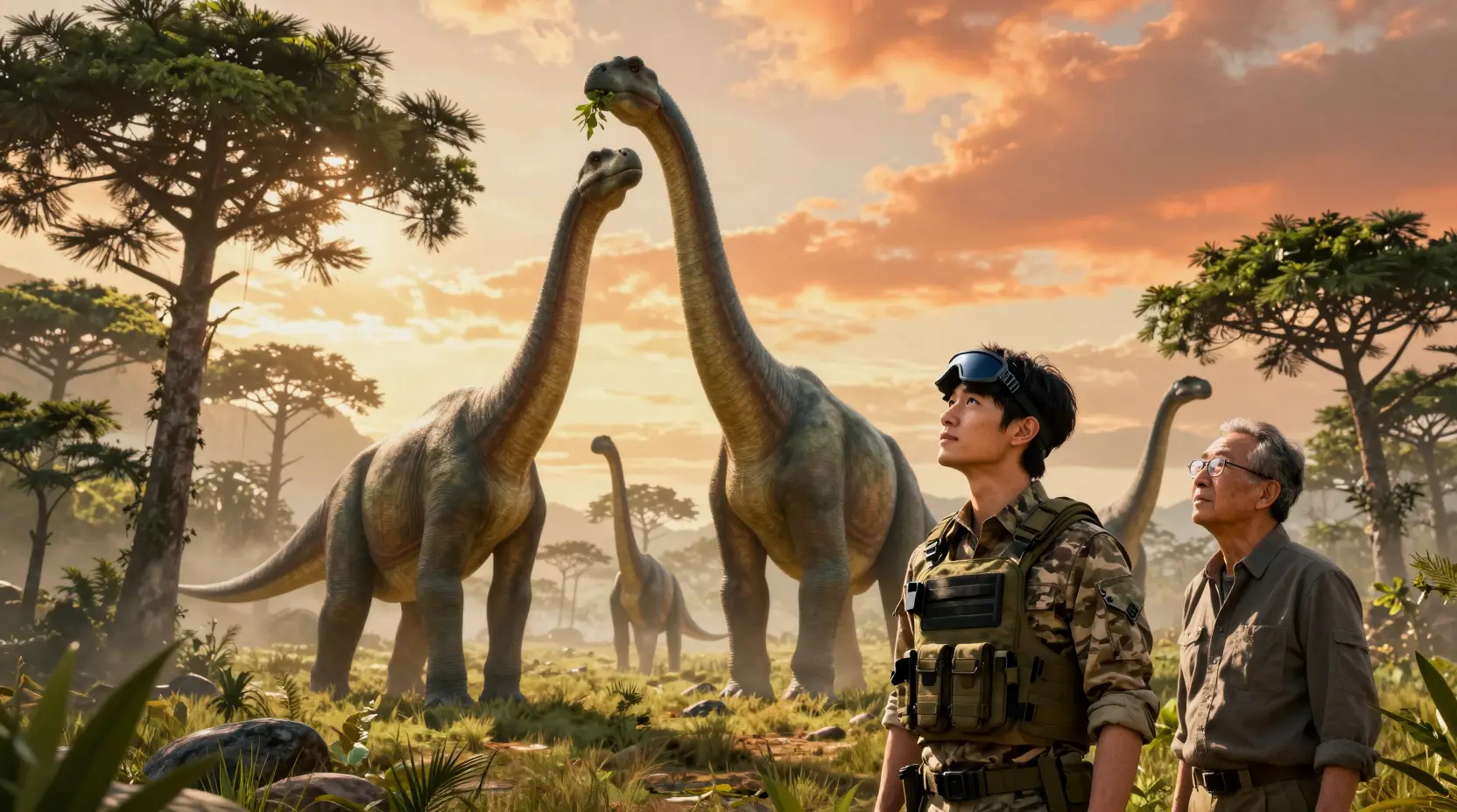 Dinosauri Brachiosaurus che svettano sugli esseri umani all’ora d’oro
